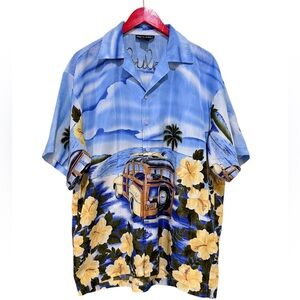 Oscar Misa Hawaiian Shirt Mens L Beach Scene Woody Wagon Surf Aloha Button Down